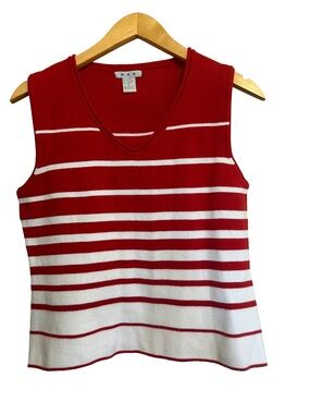 Vintage ESS Red White Striped V Neck Sweater Vest Nautical Preppy Top Medium M